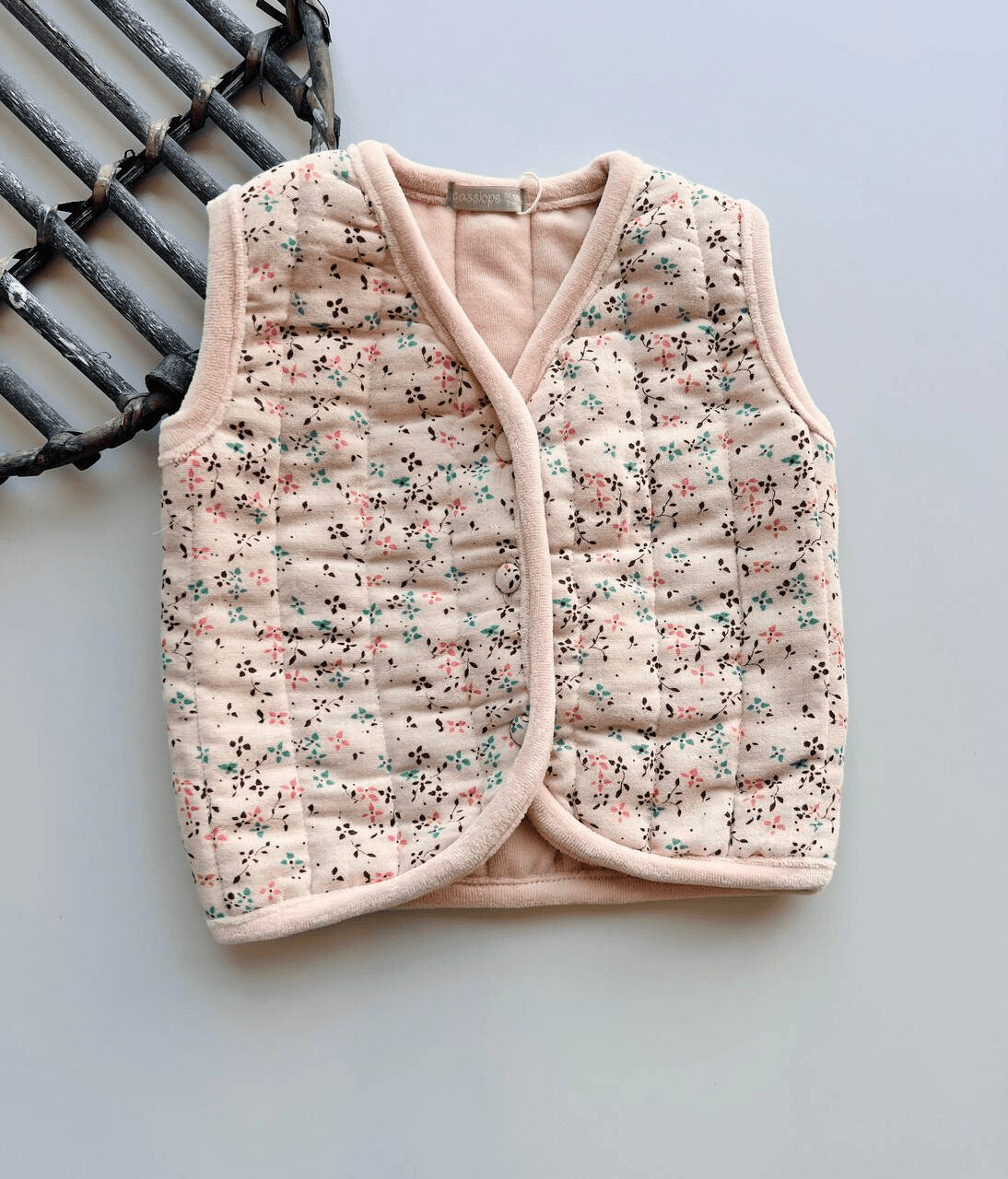 Beige Muslin and Velvet Flowers Padded Vest - La Farandole Paris