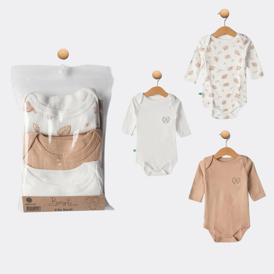 Beige/White Organic Cotton Long Sleeves Body set of 3 pcs (Begi) - La Farandole Paris