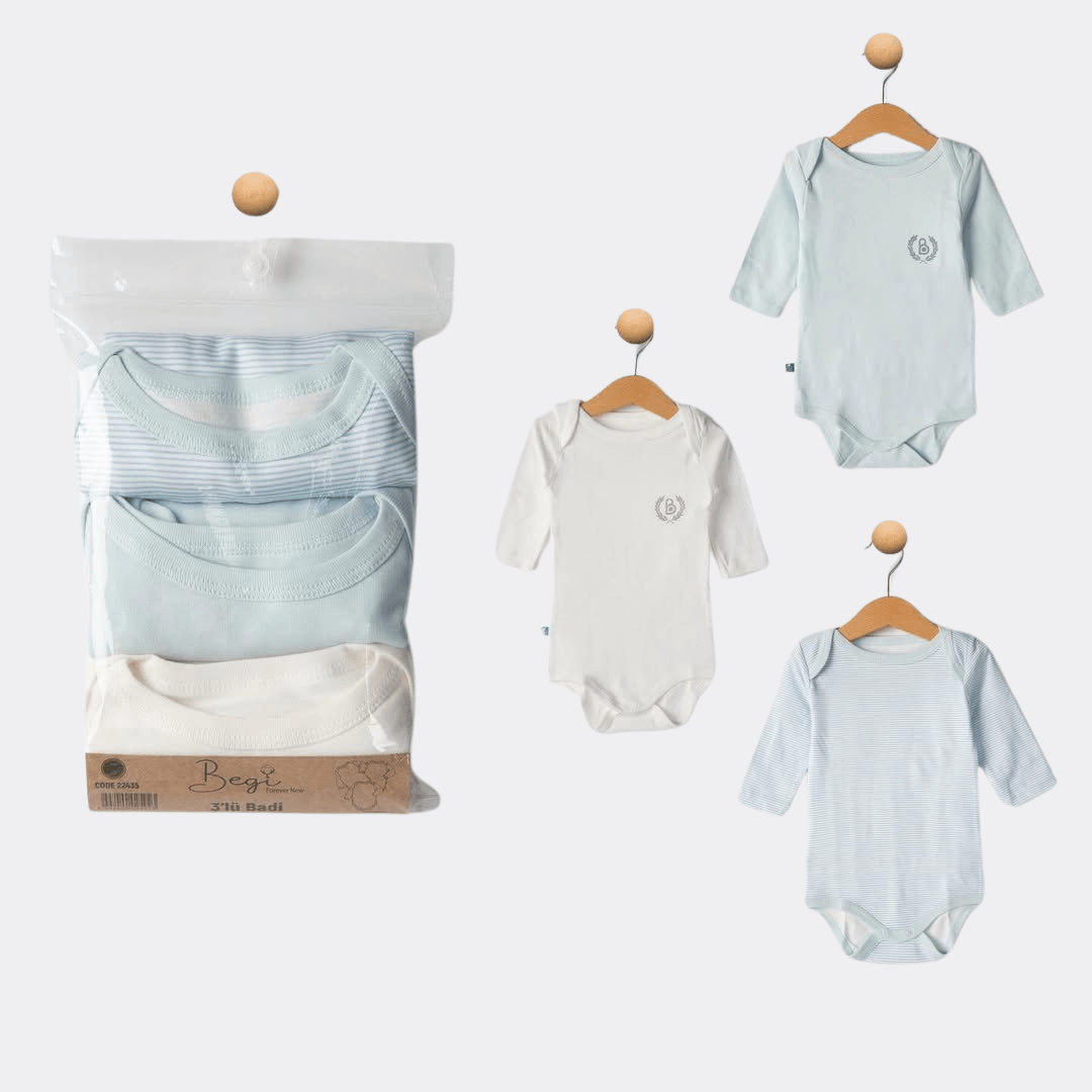 Blue Stripped Organic Cotton Long Sleeves Body set of 3 pcs (Begi) - La Farandole Paris