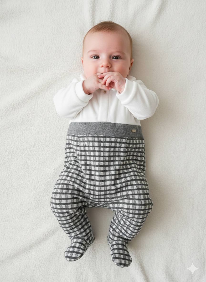 Gray & White Polo Velvet Footed Overall