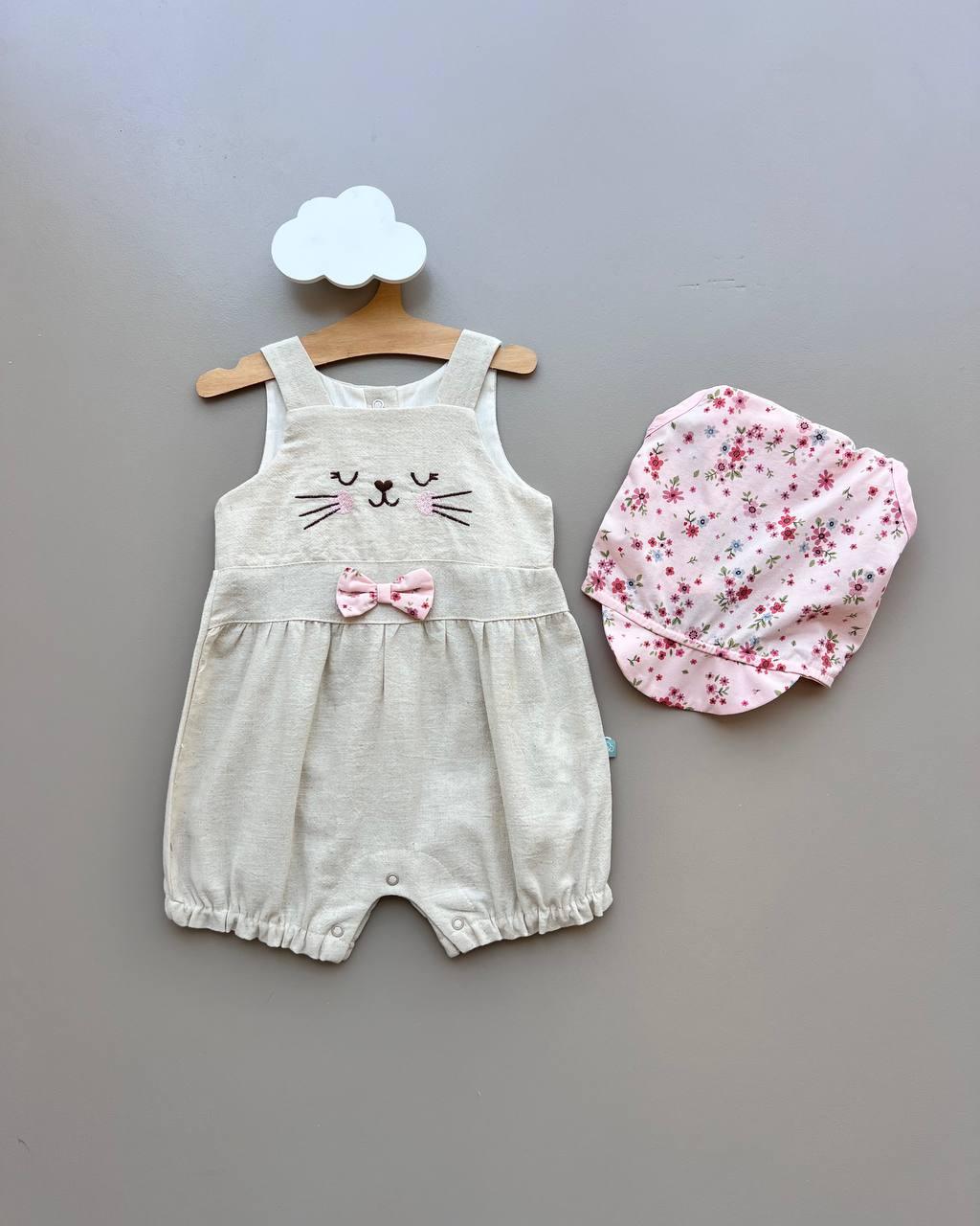 GOTS™ Certified Organic Cotton Beige & Pink Summer Cat 2 Pcs Romper With Hat - La Farandole Paris