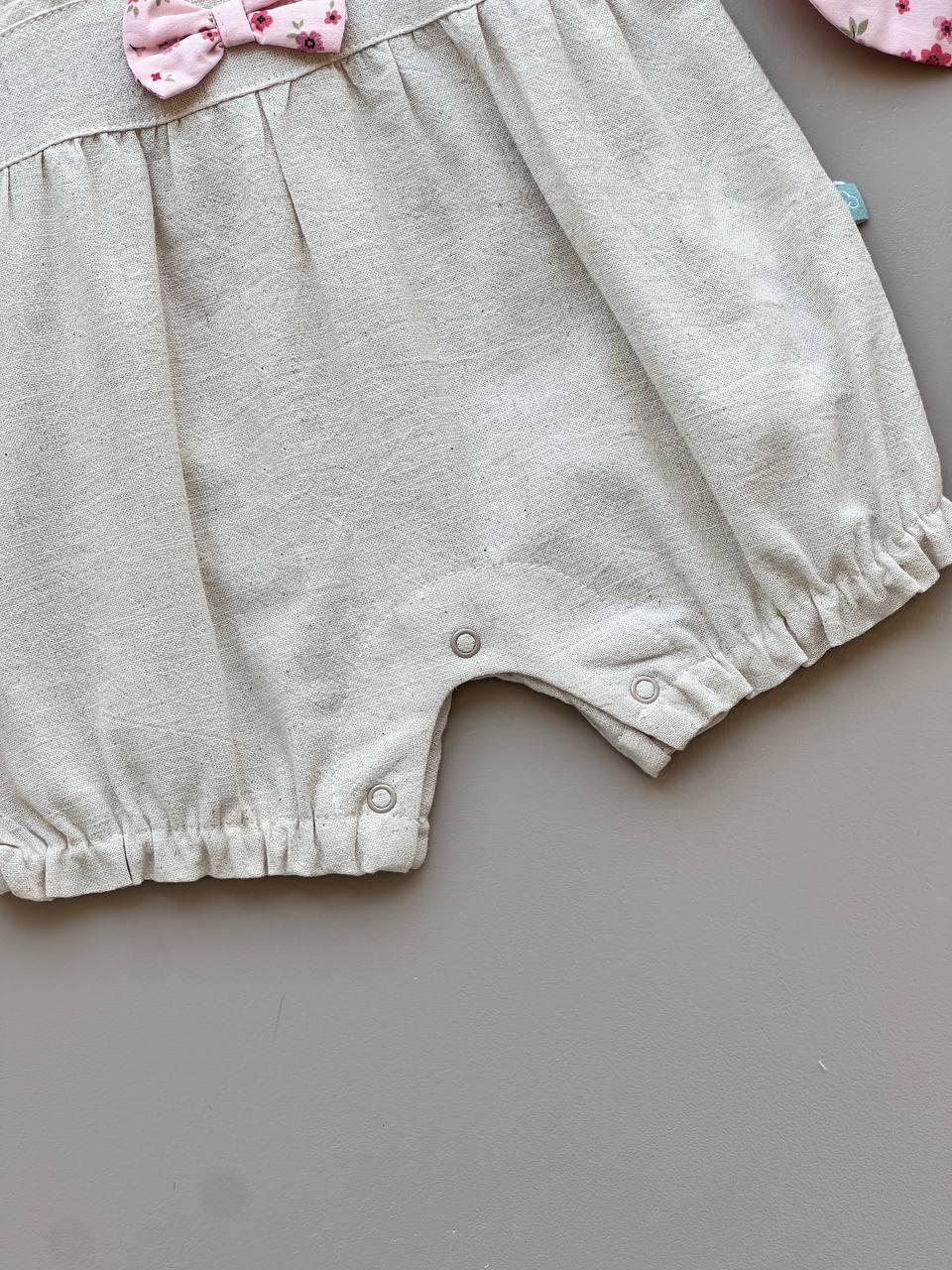 GOTS™ Certified Organic Cotton Beige & Pink Summer Cat 2 Pcs Romper With Hat - La Farandole Paris