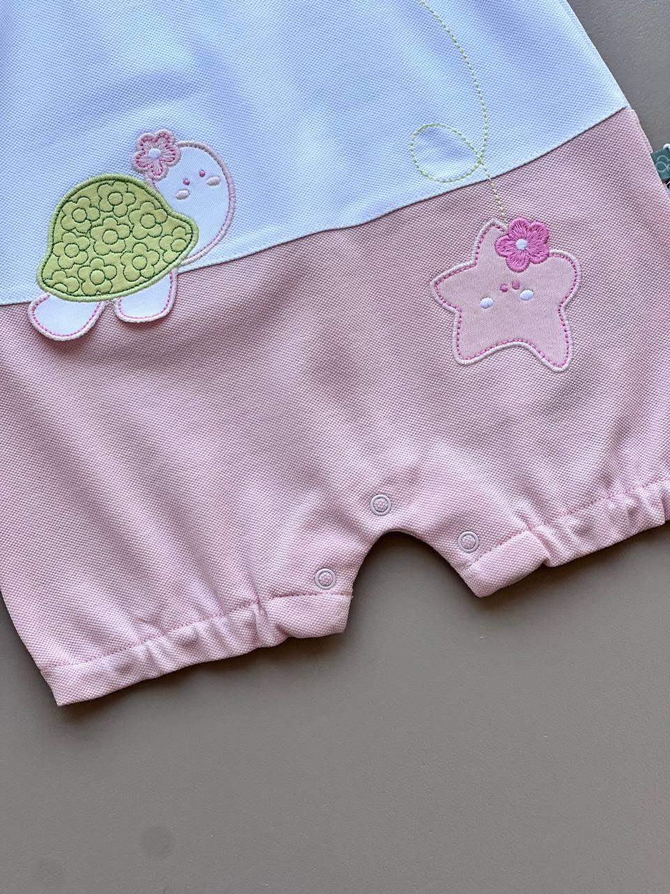 Turtle GOTS™ Certified Organic Cotton White & Pink Romper - La Farandole Paris