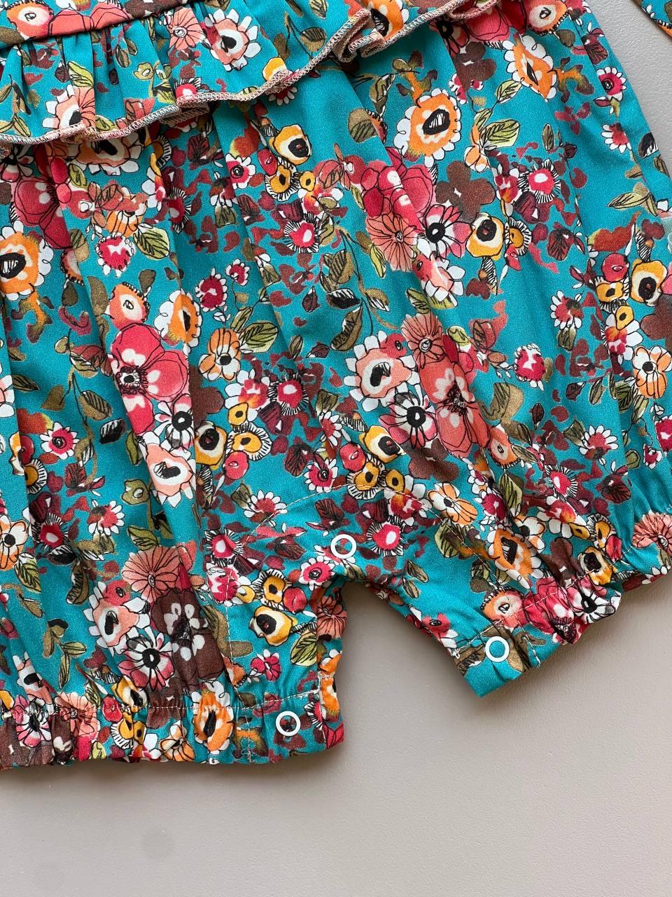 Turquoise Summer Flowers GOTS™ Certified Organic Cotton 2 Pcs Set - La Farandole Paris
