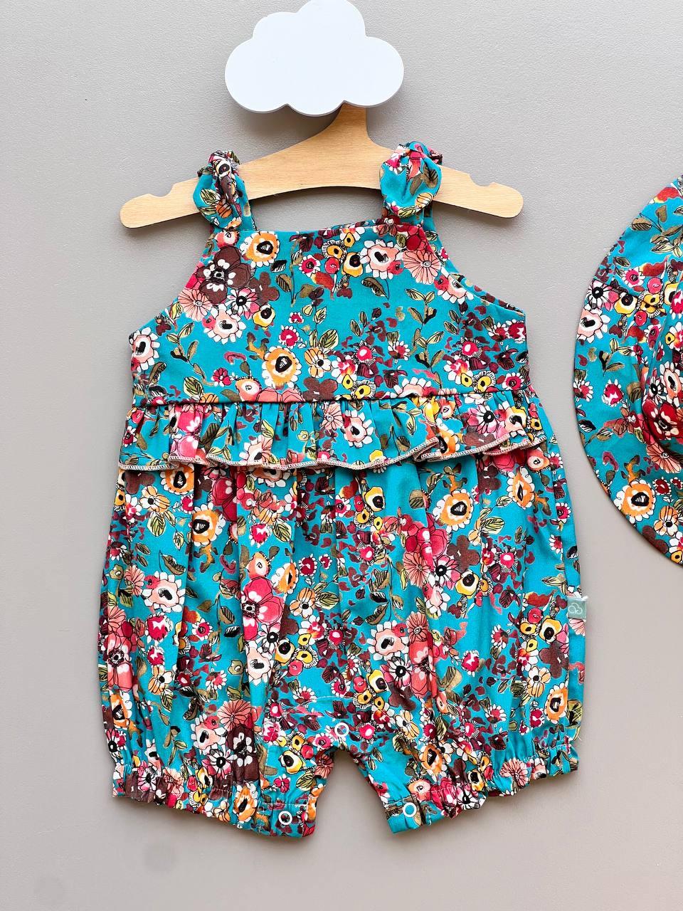 Turquoise Summer Flowers GOTS™ Certified Organic Cotton 2 Pcs Set - La Farandole Paris