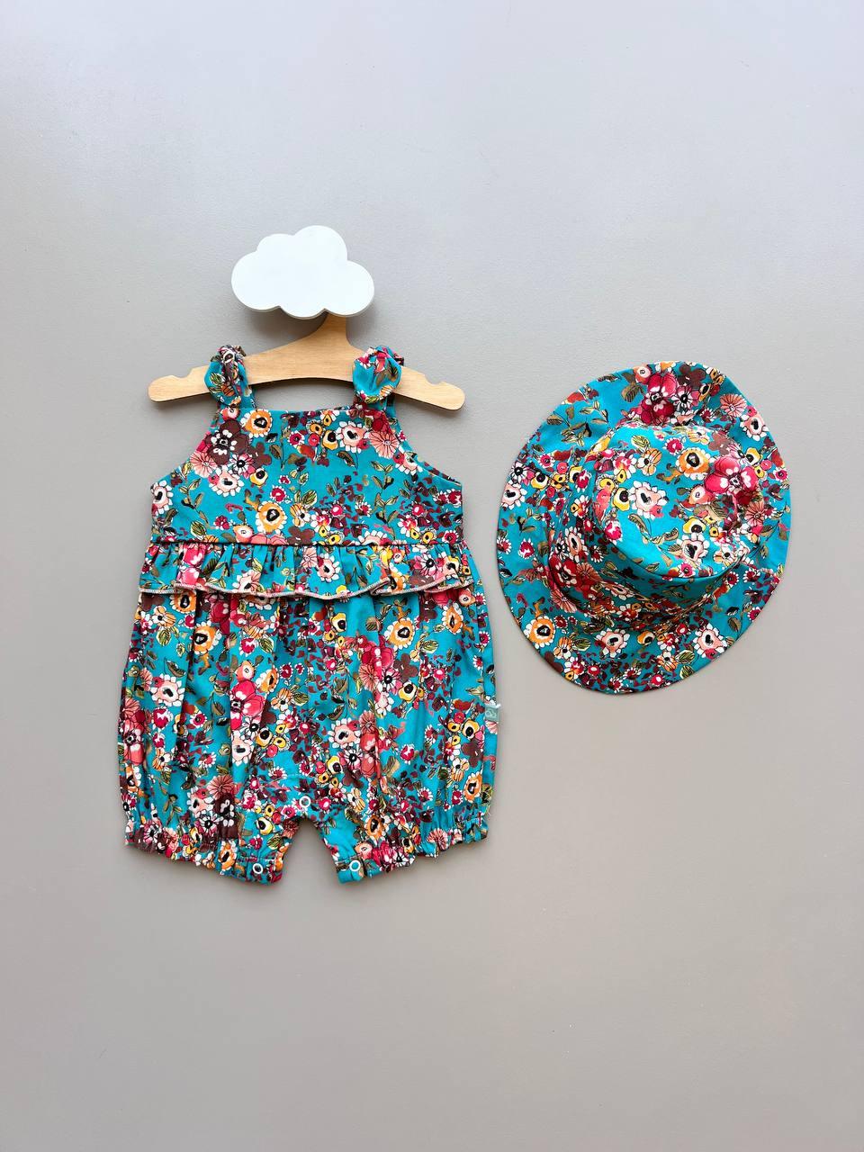 Turquoise Summer Flowers GOTS™ Certified Organic Cotton 2 Pcs Set - La Farandole Paris