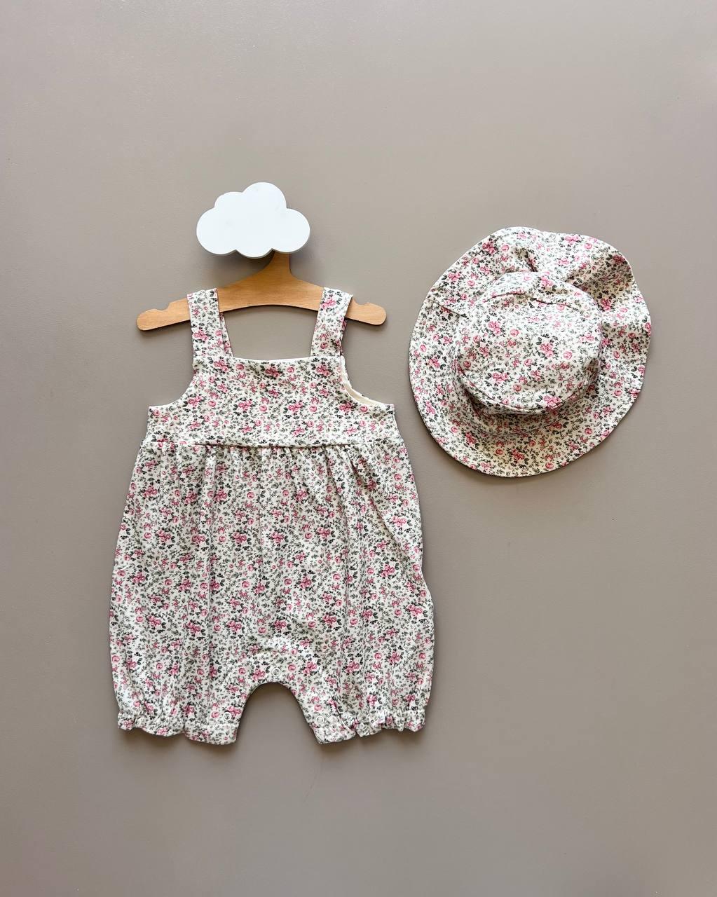 GOTS™ Certified Organic Cotton Beige & Pink 2 Pcs Romper With Hat - La Farandole Paris