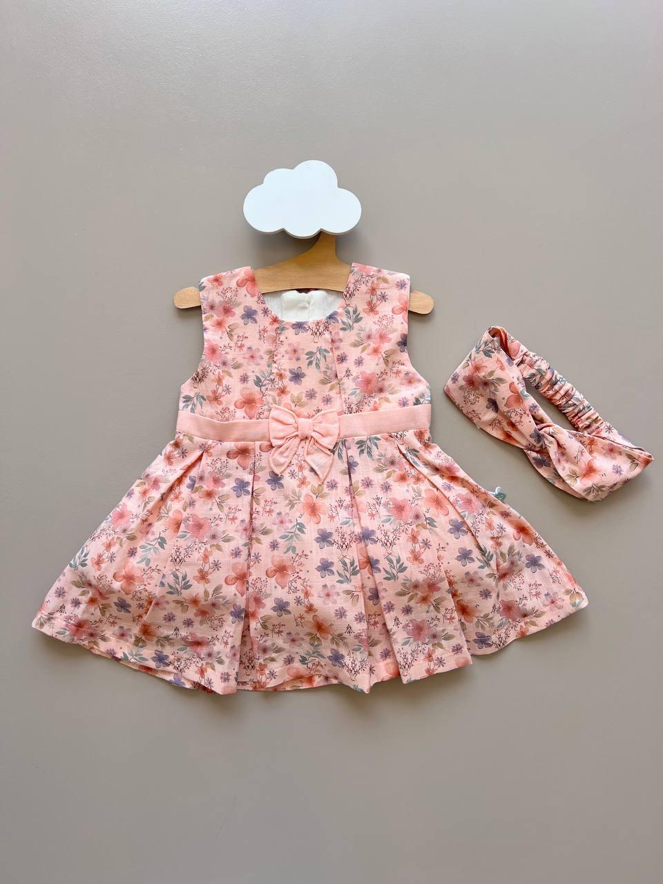 Nori Salmon Flowers Sleeveless 2 Pcs Dress With Hairband - La Farandole Paris