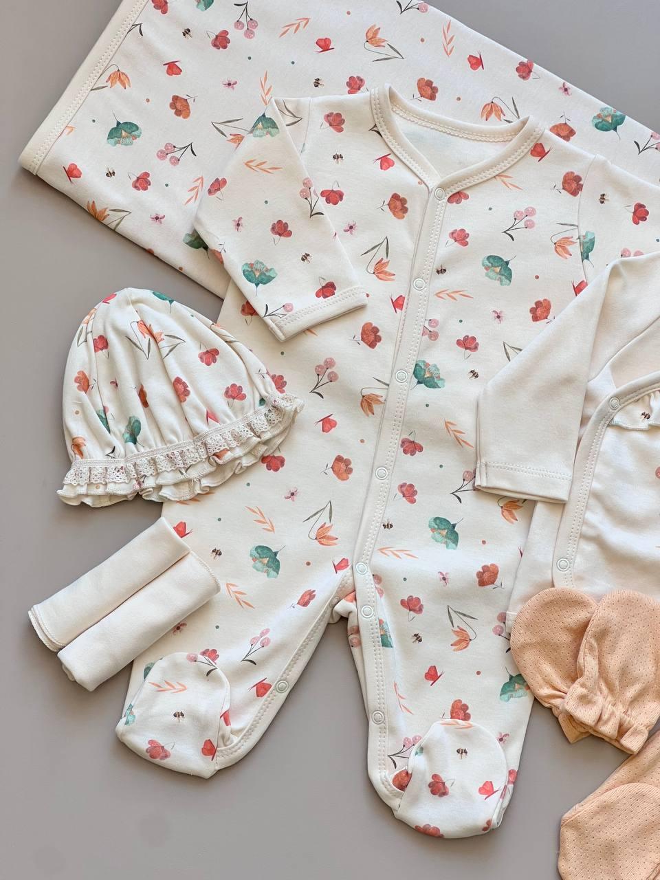 Flowers Beige & Orange GOTS™ Certified Organic Cotton 10 Pcs Hospital Set - La Farandole Paris
