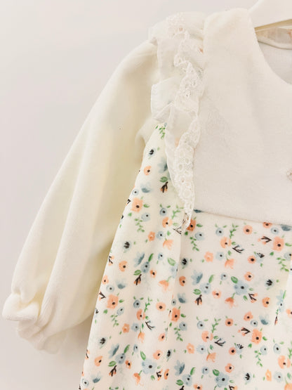 White & Flower Velvet Footed Overall