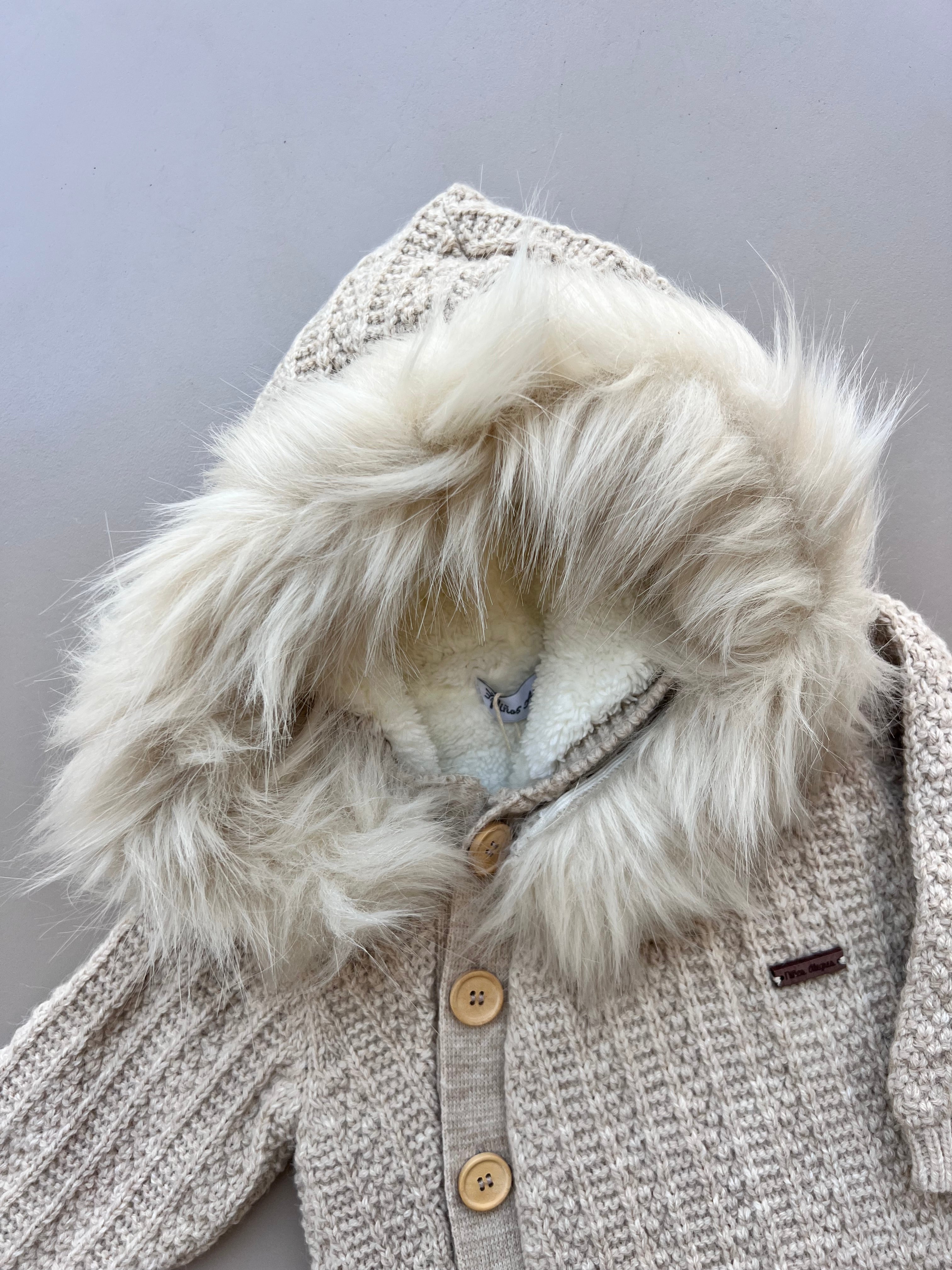 Beige Thick Wool Fur Inside Overall With Mittens 2Pcs
