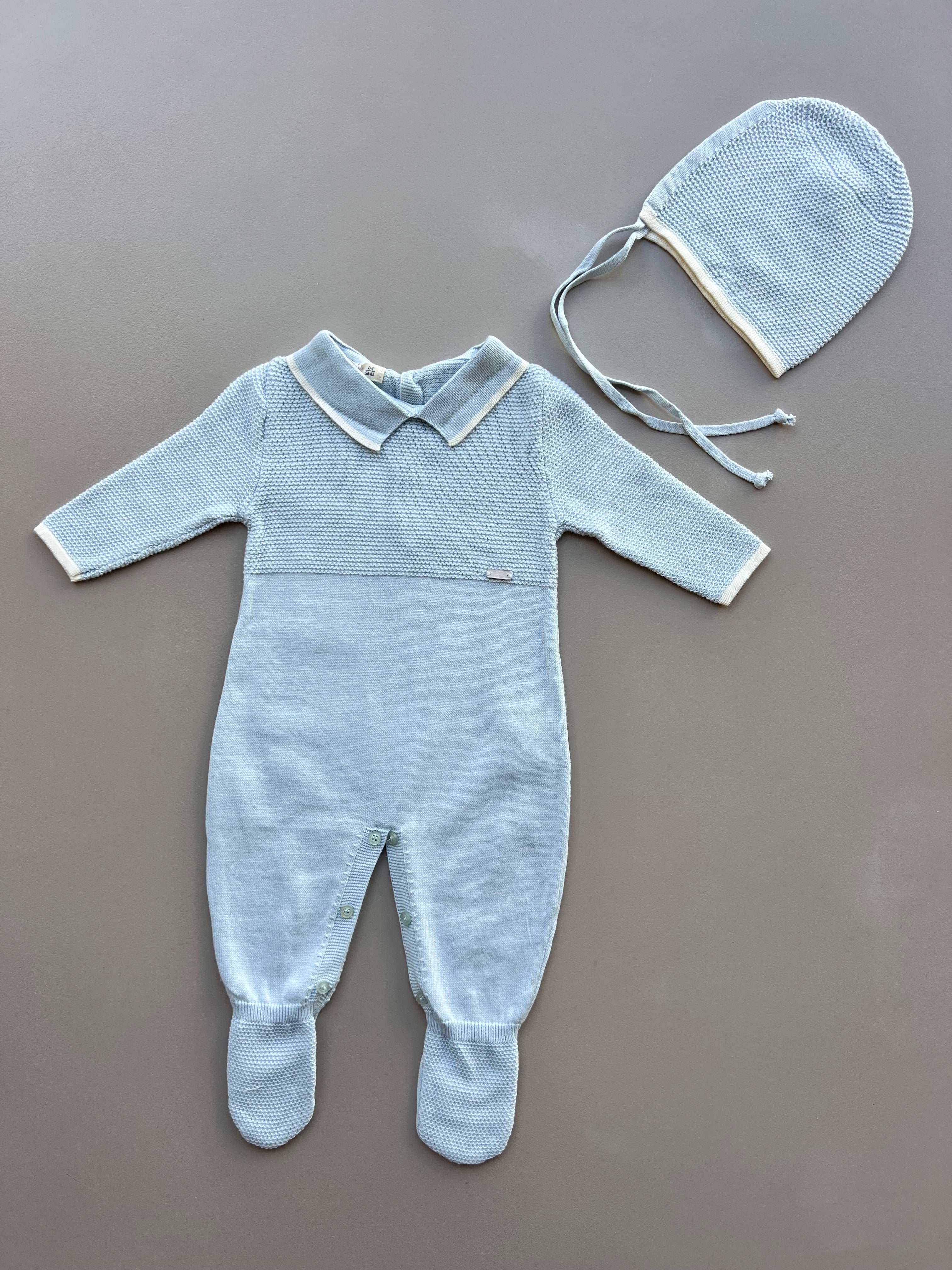 Blue Cotton Polo Footed Overall With Hat