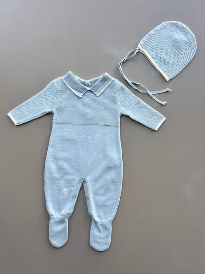 Blue Cotton Polo Footed Overall With Hat