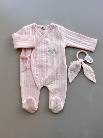 Cotton Long Sleeves Overall With Wooden Ring Teether