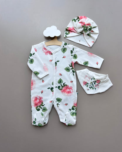 White & Pink GOTS™ Certified Organic Cotton Rose Long Sleeves Overall 3Pcs