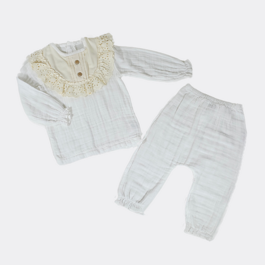 White and Beige Linen Baby Set