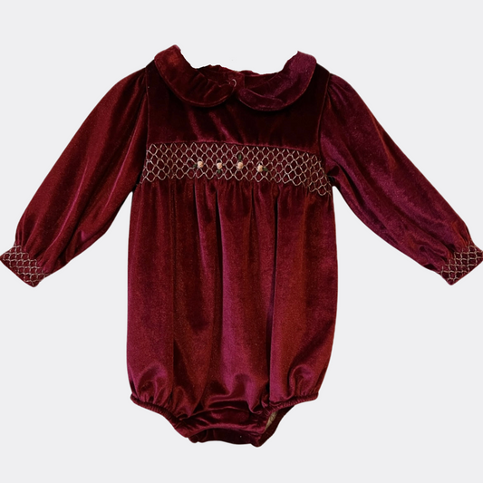 Wine Red Embroidered Velvet Romper