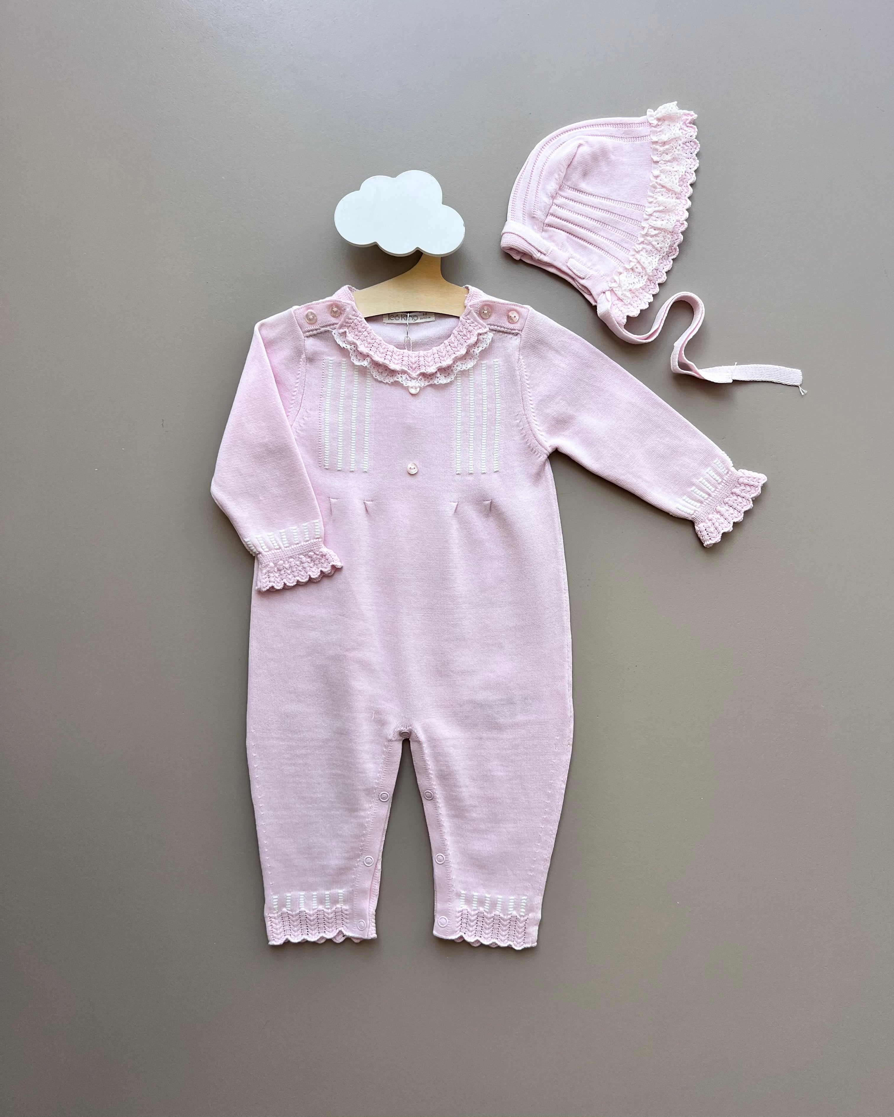 Light Pink/White Ruffles Organic Cotton Overall With Hat