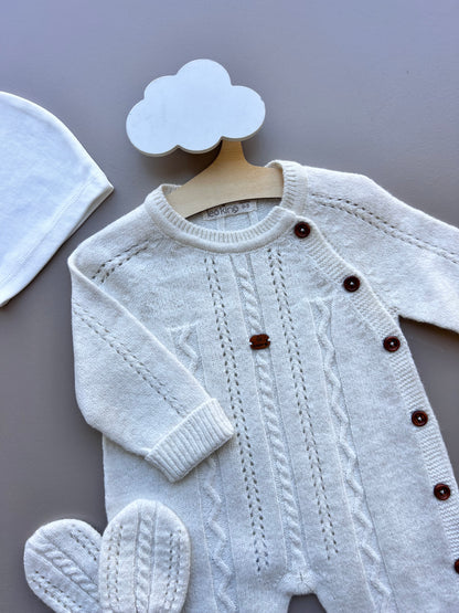 Off-White Merino Wool Brown Buttons Hospital Set 4 Pcs