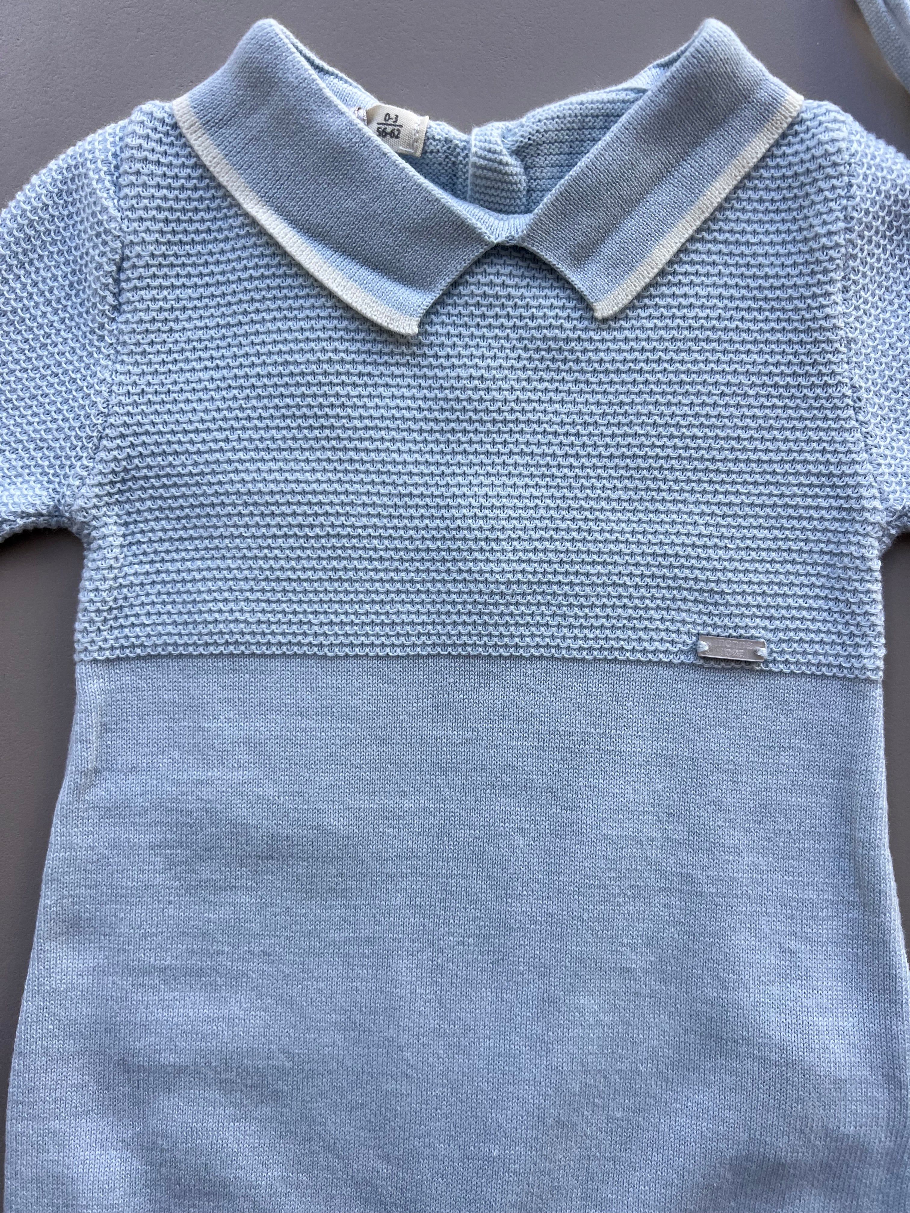 Blue Cotton Polo Footed Overall With Hat