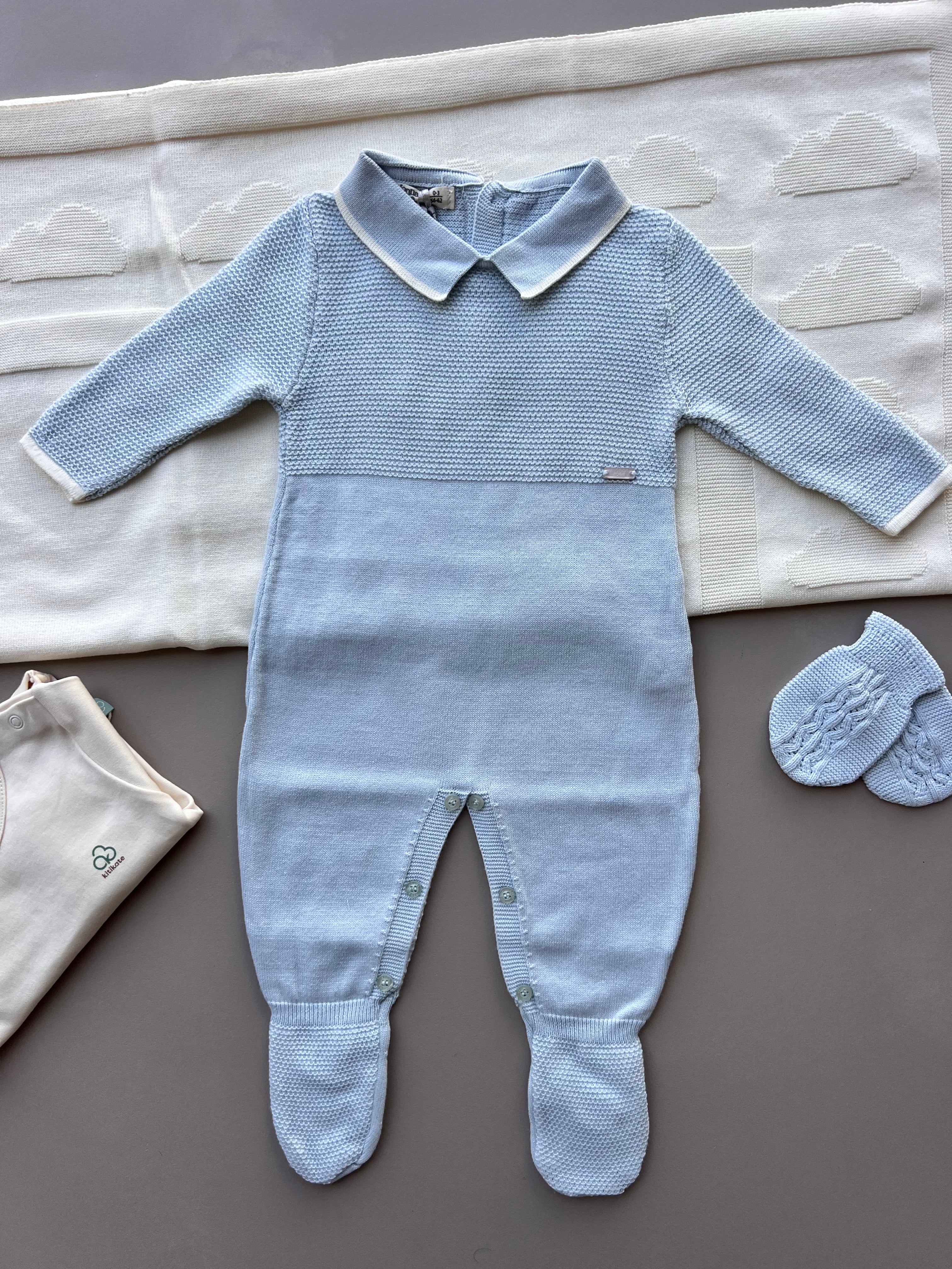 Blue Cotton Polo Footed Overall Hospital Set 5 Pcs