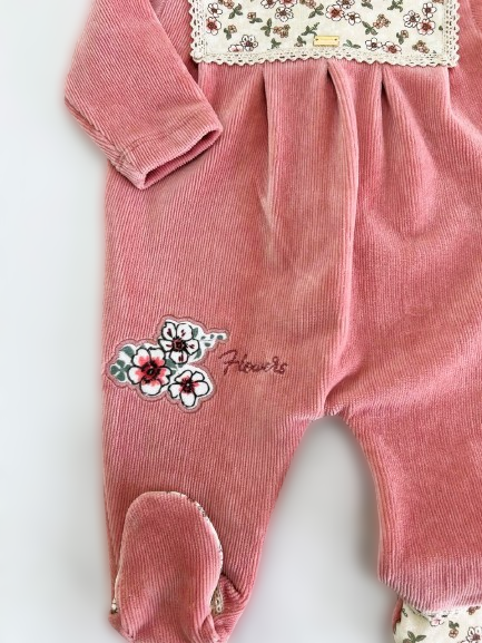 Pink And Beige Flower Velvet Overall