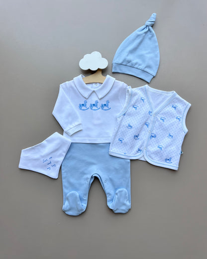 Blue & white GOTS™ Certified Organic Cotton My Toy Overall 4 pcs Set
