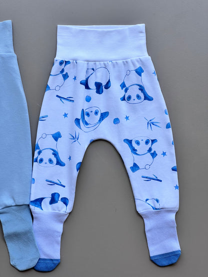 Blue & White GOTS™ Certified Organic Cotton Panda Footed Pants 3 Pcs Set