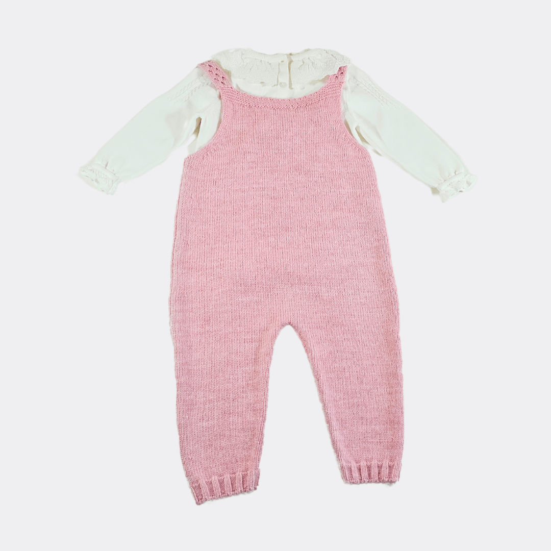 Pink/Off-White Organic Wool Salopette 2-piece set - La Farandole Paris