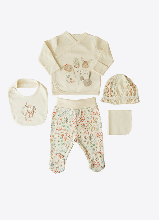 Beige Flowers Organic Cotton 5 pcs Baby Set