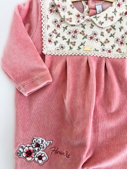 Pink And Beige Flower Velvet Overall