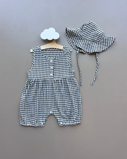 Black and White Carreaux Romper With Hat 2Pcs Set