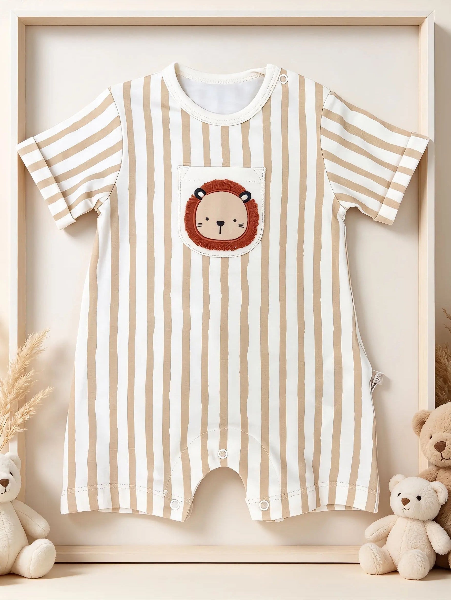 Beige Lion Stripped GOTS™ Certified Organic Cotton Romper