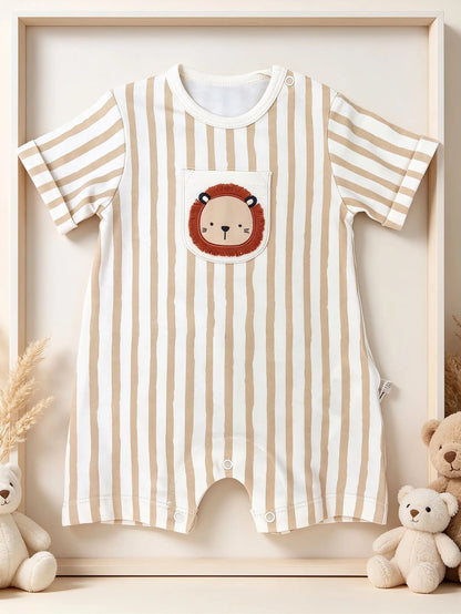 Beige Lion Stripped GOTS™ Certified Organic Cotton Romper