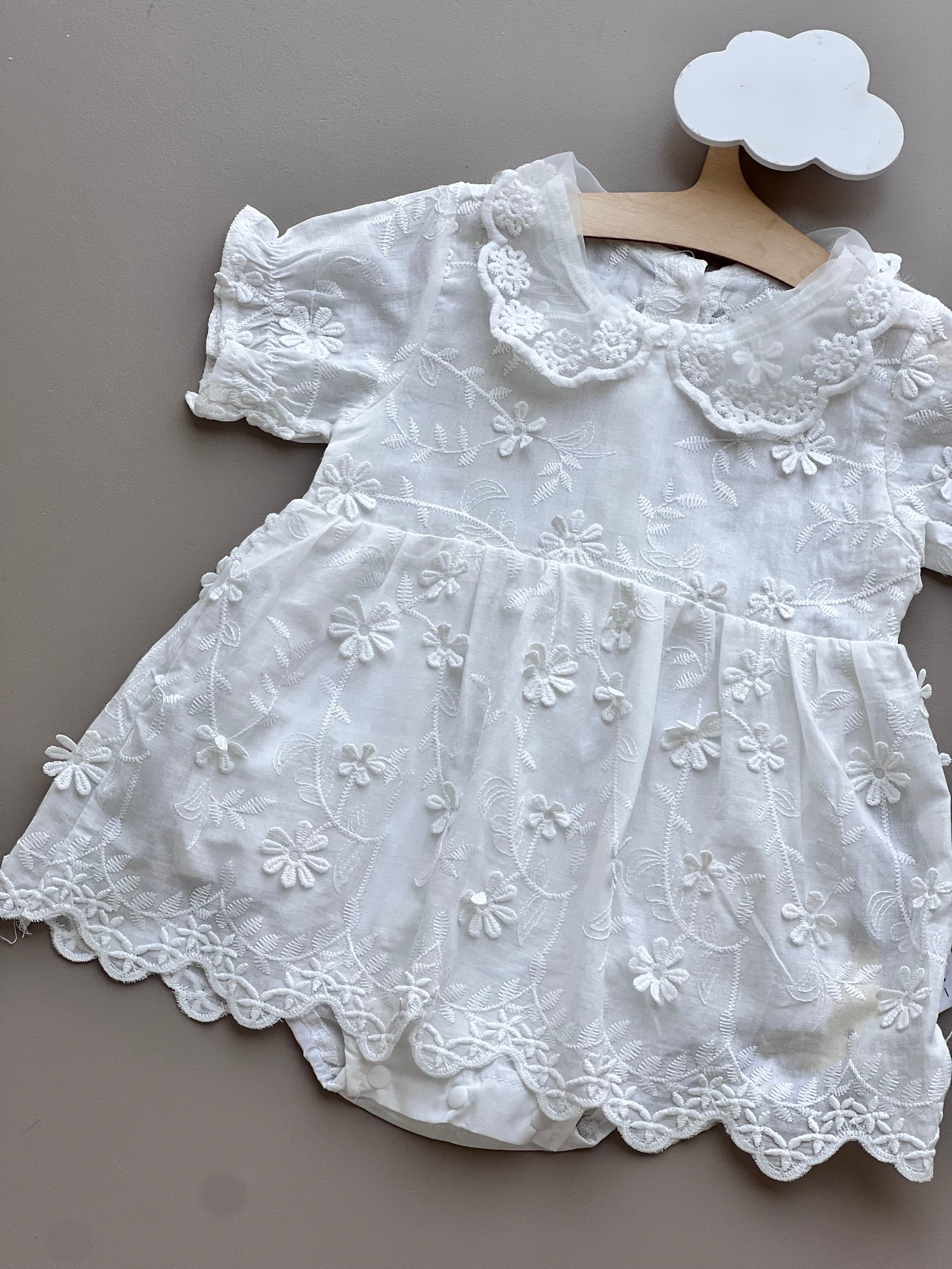 White Embroidered Bridal Dress & Hat