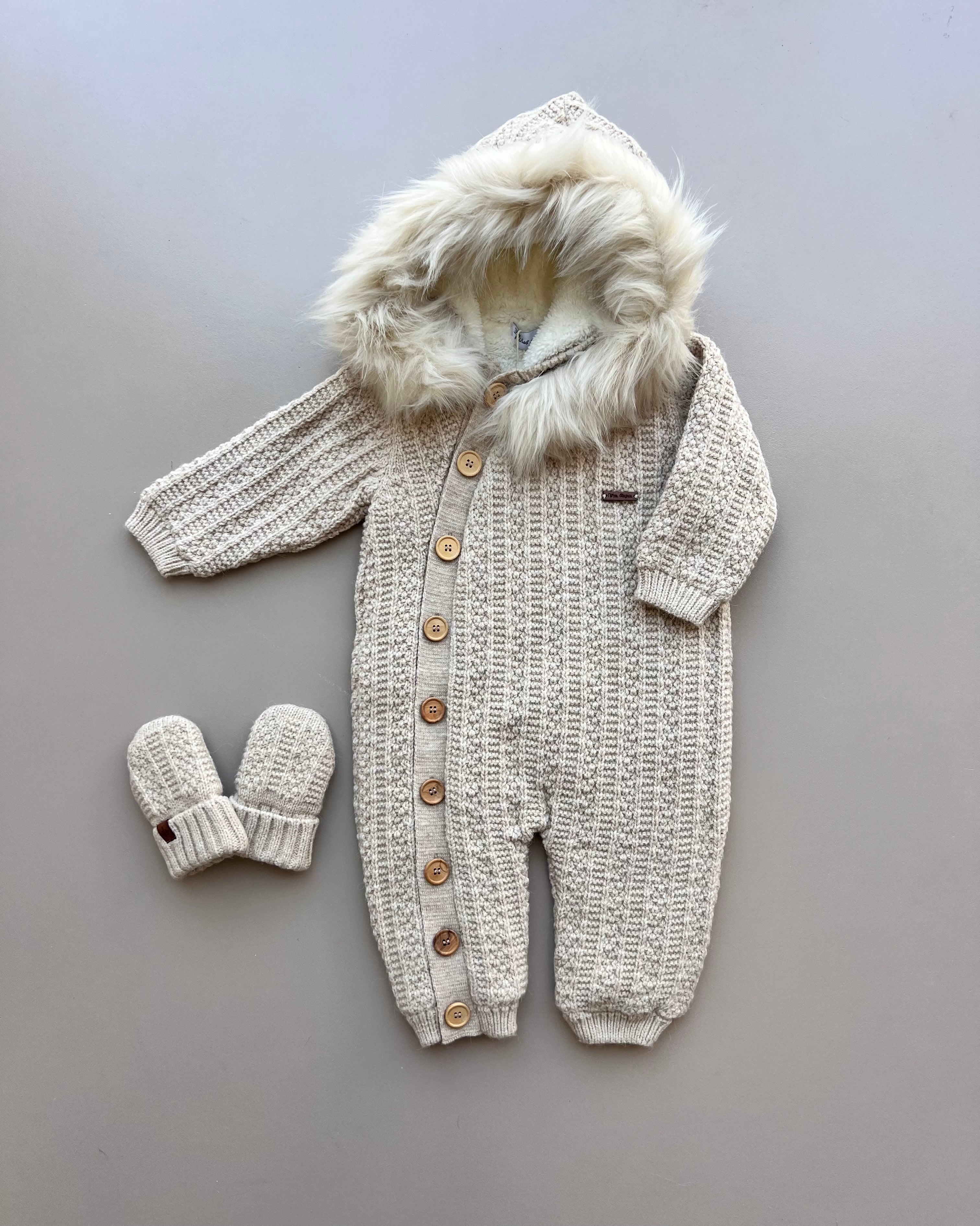 Beige Thick Wool Fur Inside Overall With Mittens 2Pcs