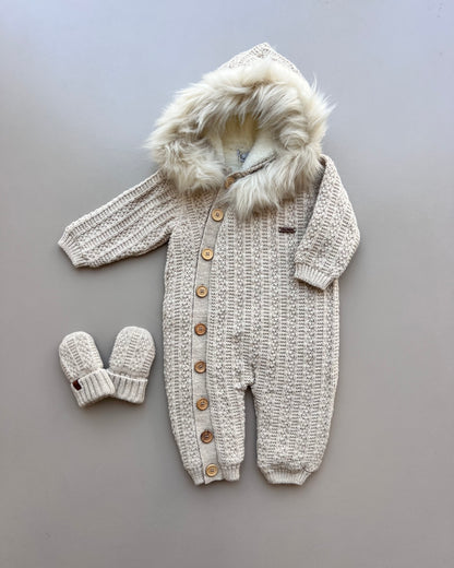 Beige Thick Wool Fur Inside Overall With Mittens 2Pcs