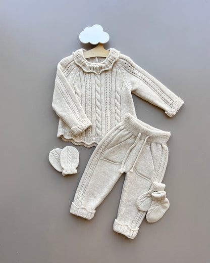 Beige Merino Wool Ruffles Hospital Set 4 Pcs
