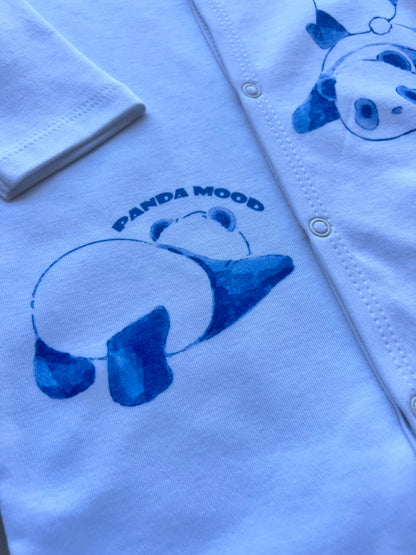 White & Blue GOTS™ Certified Organic Cotton Panda Long Sleeves Overall