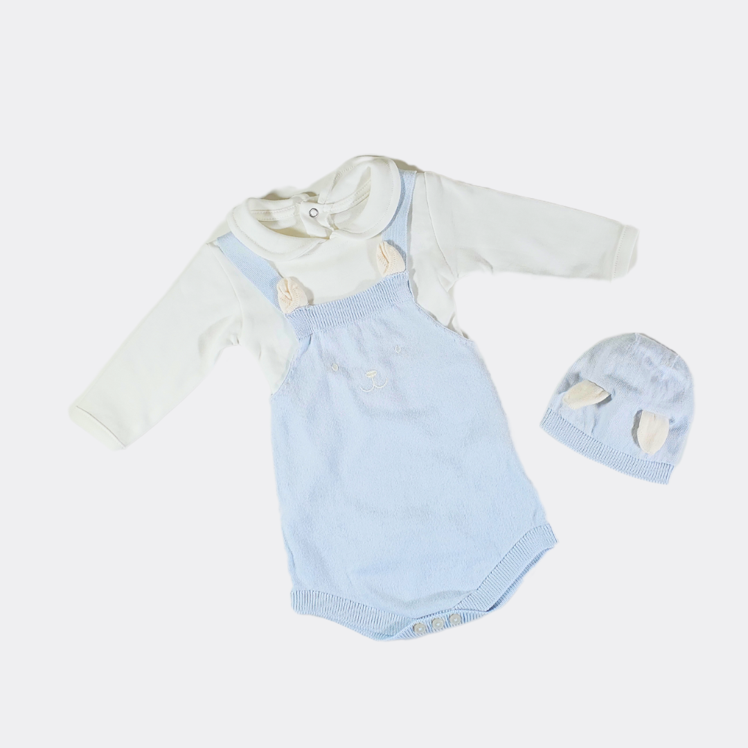 Blue Cotton Salopette Romper 3-piece set