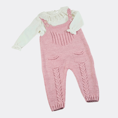 Pink/Off-White Organic Wool Salopette 2-piece set - La Farandole Paris