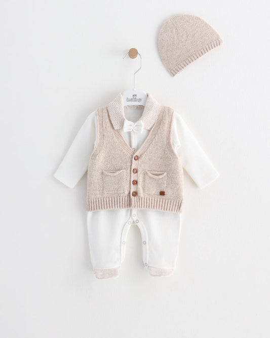 Beige Organic Cotton Overall With White Vest