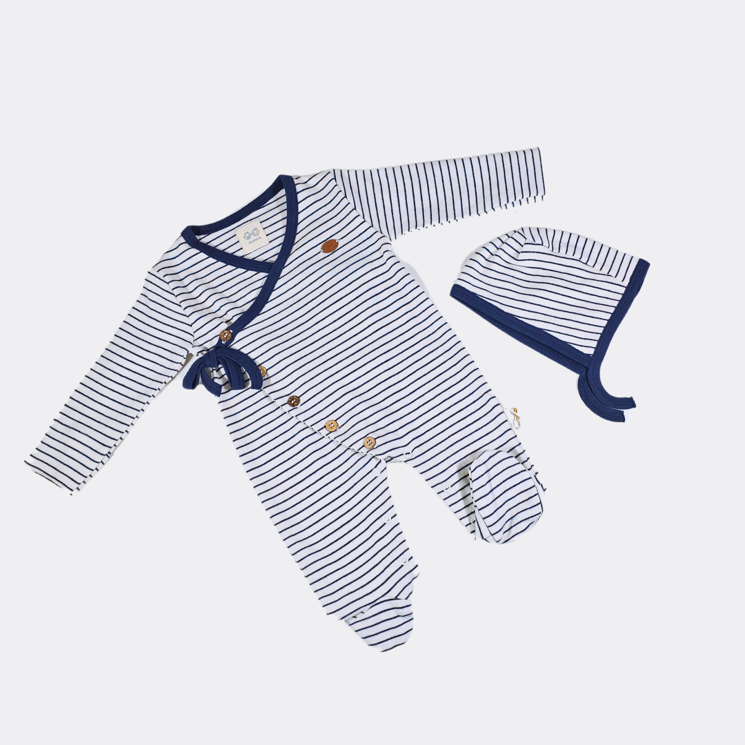 Navy Blue and White Striped Cotton Overall Set