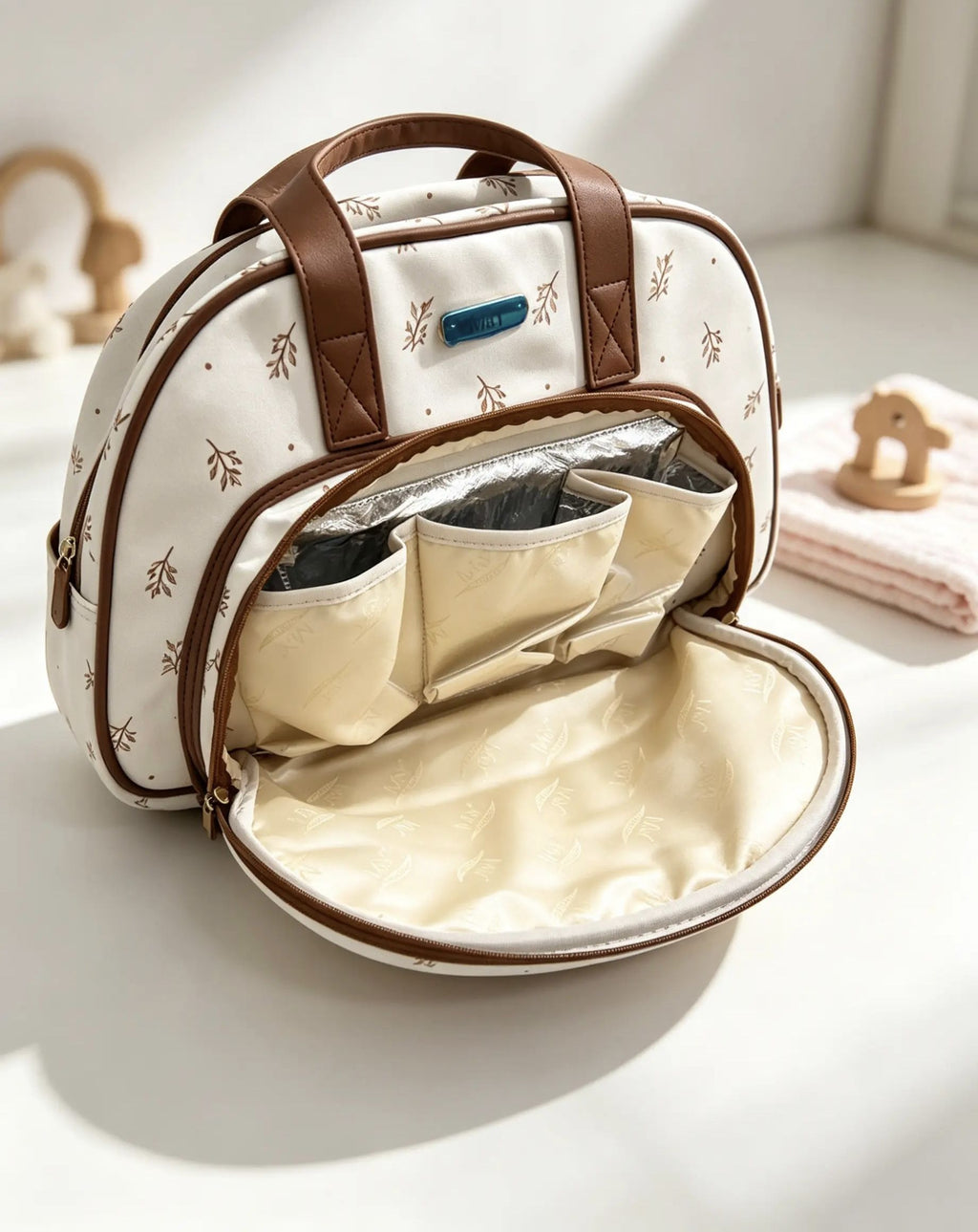 Flowers Beige Leather Diaper Bag
