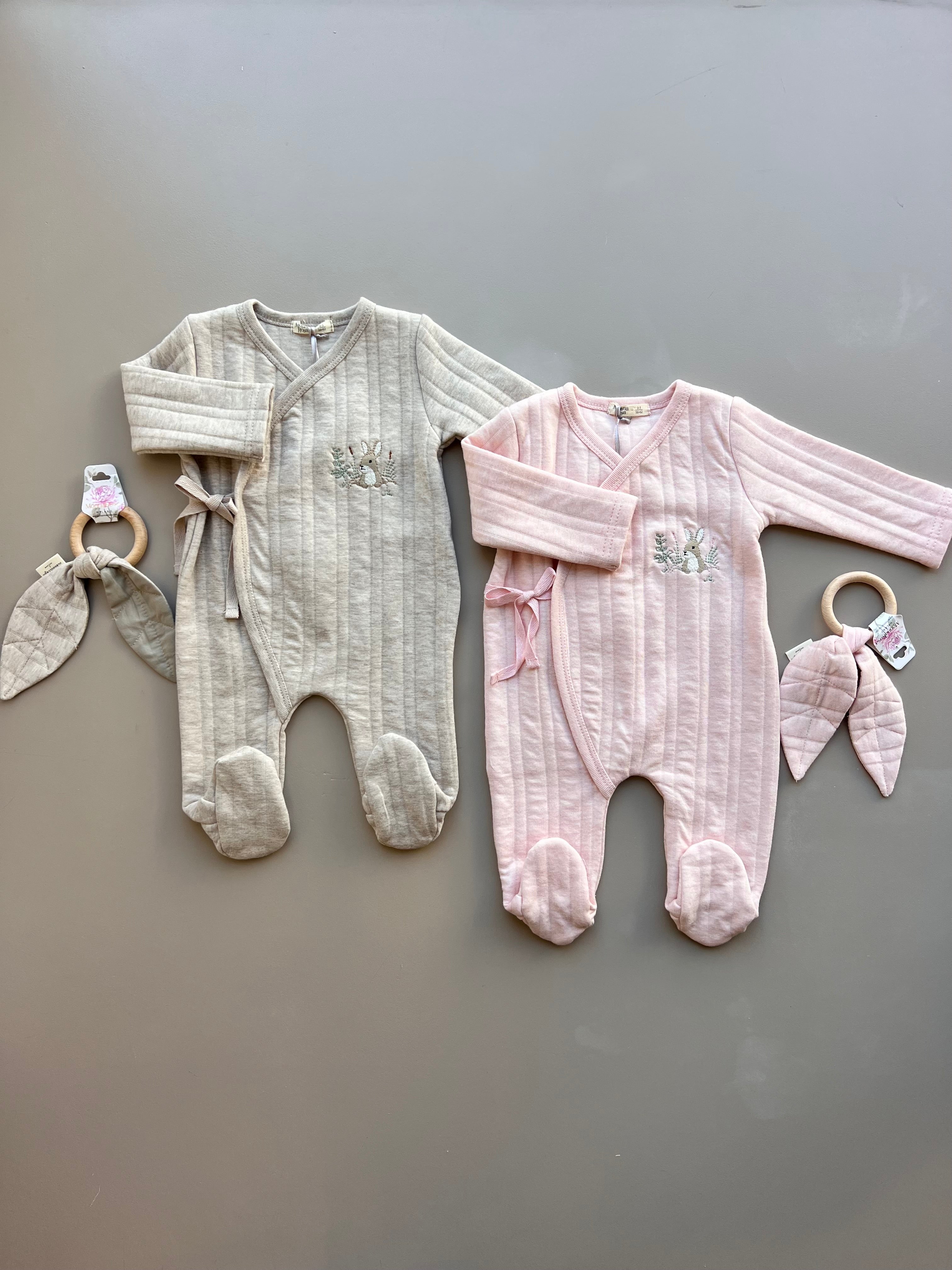 Cotton Long Sleeves Overall With Wooden Ring Teether