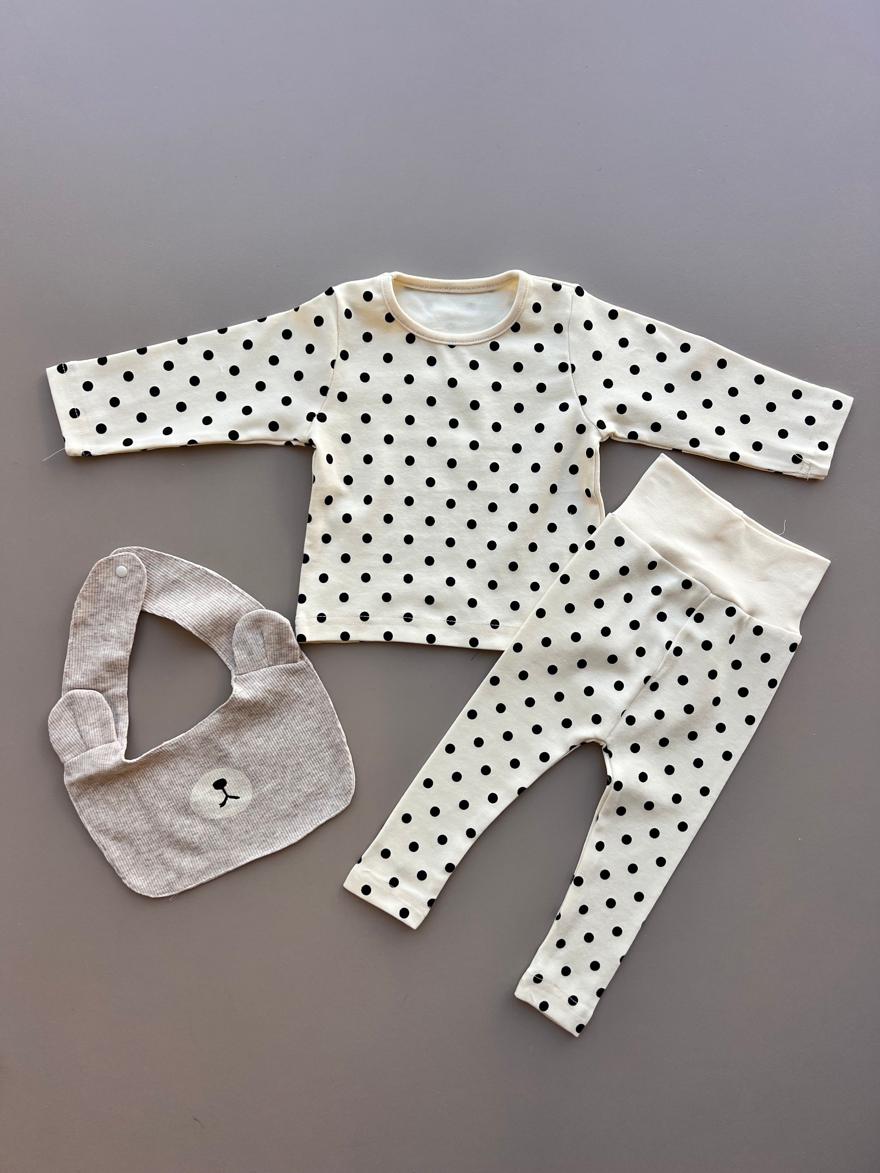 Beige and Black Dotted Pyjama 3 Pcs Set