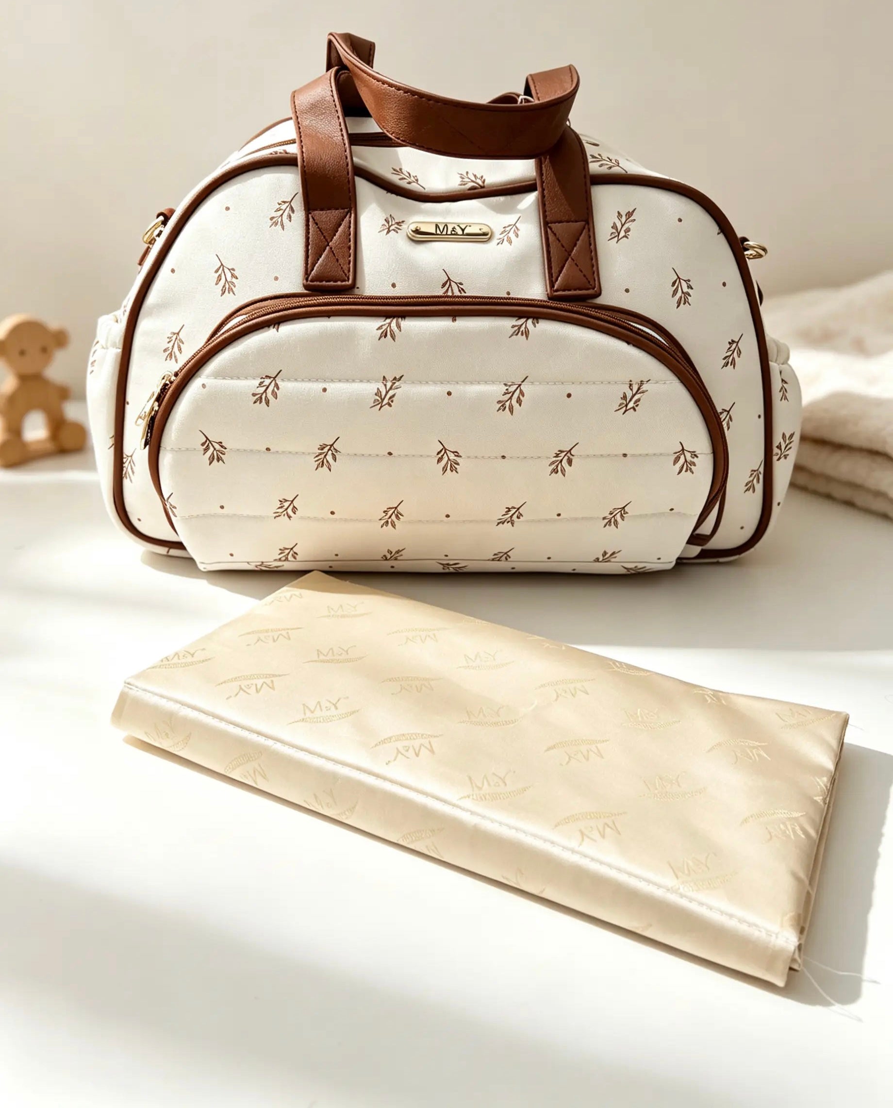 Flowers Beige Leather Diaper Bag