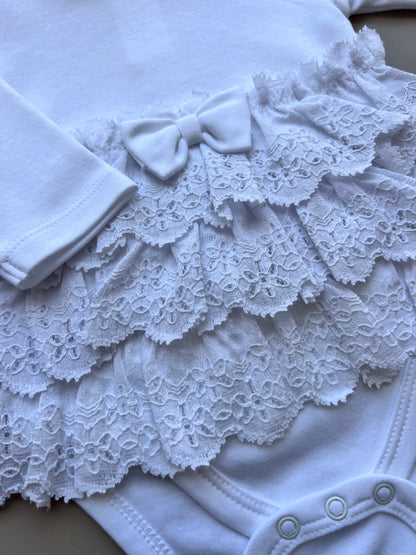 White GOTS™ Certified Organic Cotton Ruffles Long Sleeves Dress