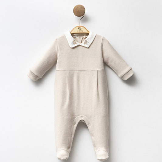 Light Beige and White Polo Bear Velvet Footed Overall