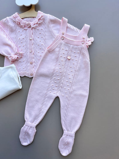 Pink And White Ruffles Organic Cotton 3 Pcs Set Salopettes